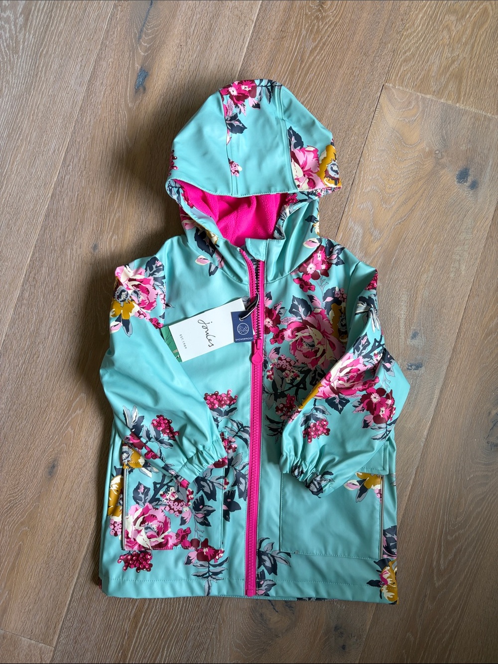 Joules Mint Floral Hooded Rain Jacket with Pink Lining